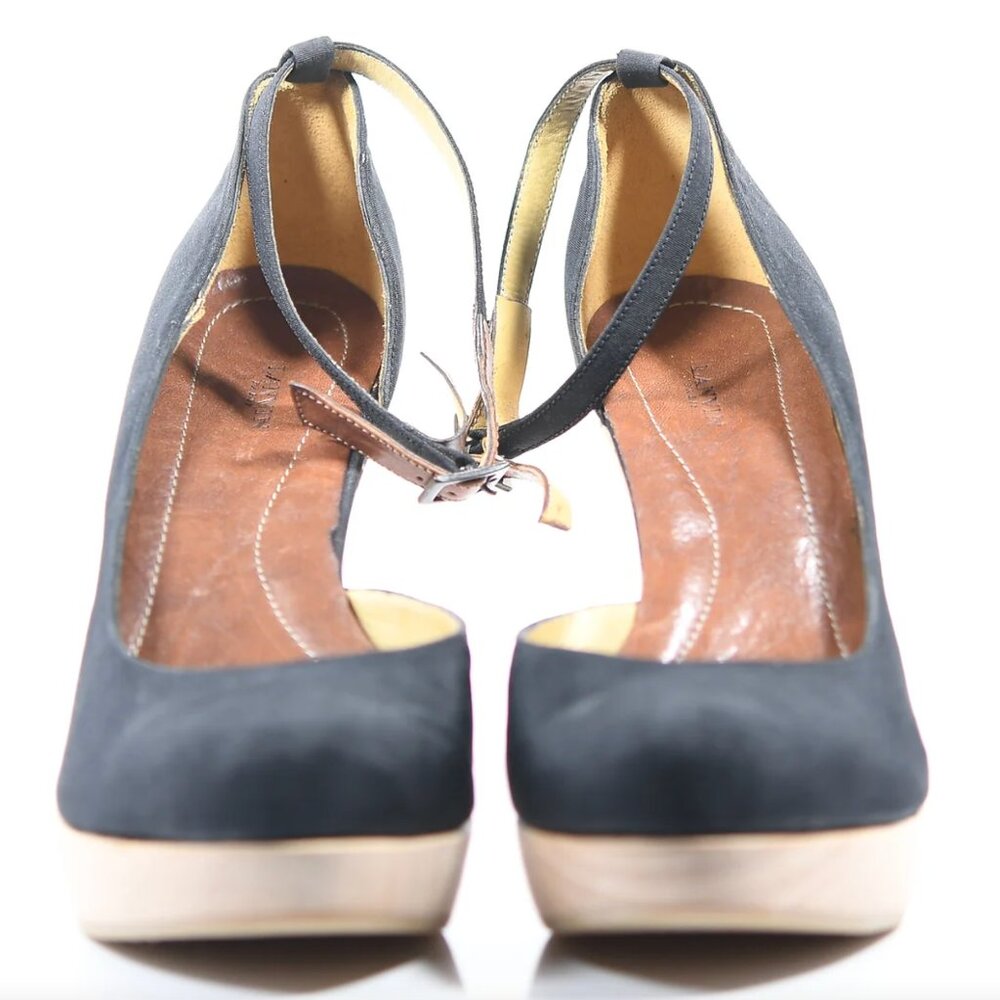 Lanvin Satin Wooden Heel Platform Ankle Strap Pumps - Size 39